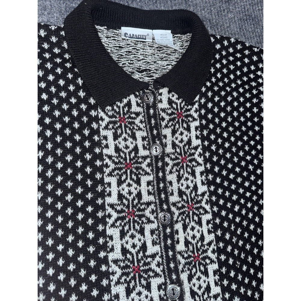 Y2K Capacity Fair Isle Collared Button Cardigan Sweater Black White Red M - Picture 4 of 13
